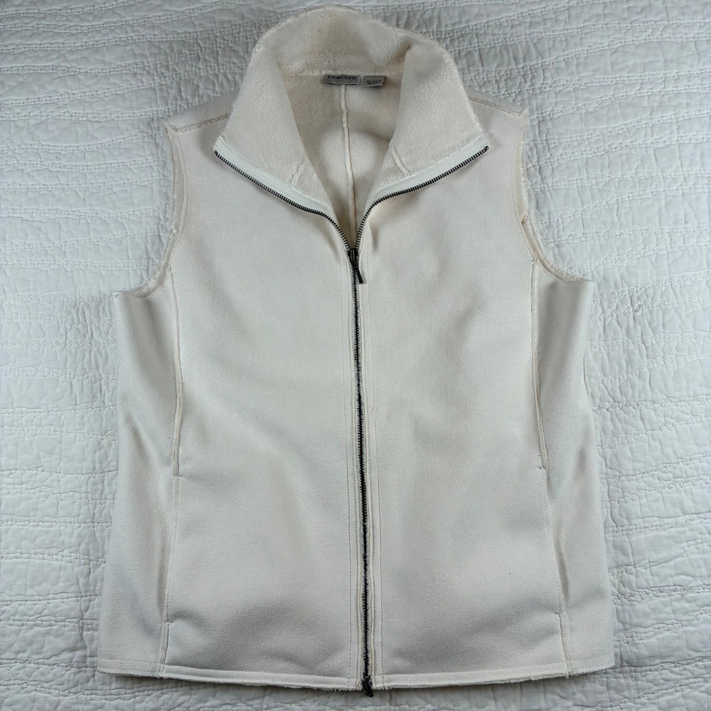 Chico's Faux Suede Vest Women Size M Cream Full Zip Plush Lined Layering Cozy
